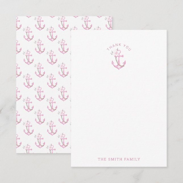 Nautical Baby Shower Thank You Card | Pink Waterco (Front/Back)