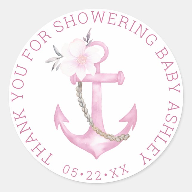 Nautical Baby Shower Thank You Sticker | Pink Flor (Front)
