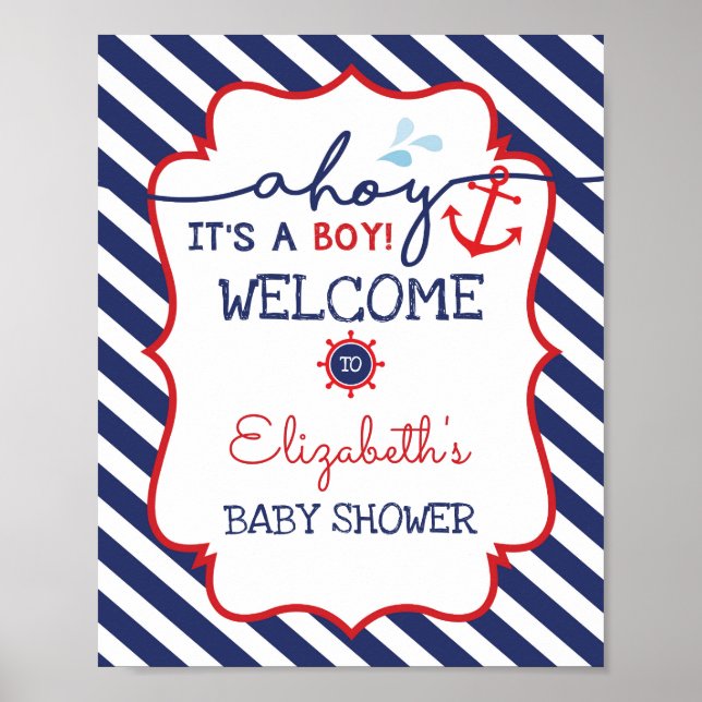 Nautical Baby Shower Welcome Sign Navy Red Decor (Front)
