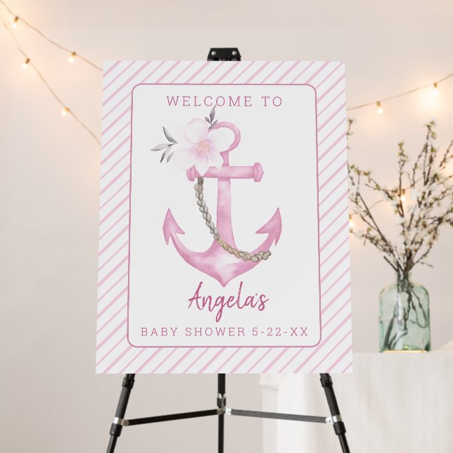 Nautical Baby Shower Welcome Sign Pink Watercolor (In Situ (Stand))