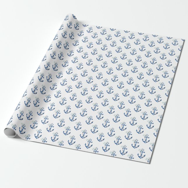 Nautical Baby Shower Wrapping Paper | Blue Floral  (Unrolled)