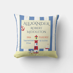 Nautical Baby Stats Boy Blue Stripes Throw Pillow