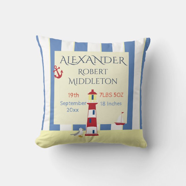 Nautical Baby Stats Boy Blue Stripes Throw Pillow (Front)