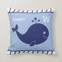 Nautical Baby Whale Add Name and Monogram Blue Throw Pillow