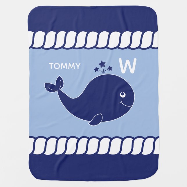 Nautical Baby Whale Monogram Blue Baby Blanket (Front)
