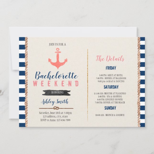 Nautical bachelorette Itinerary party invitation (Front)