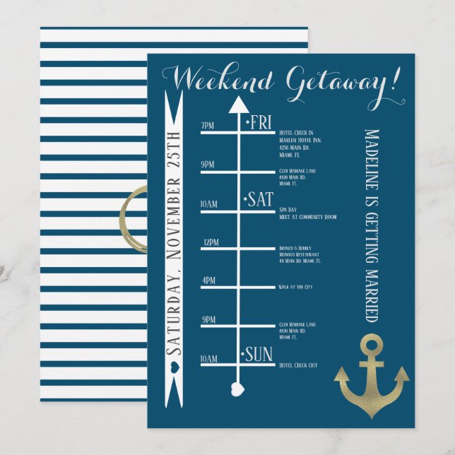 Nautical Bachelorette Weekend Getaway Foil Anchor Invitation (Front/Back)