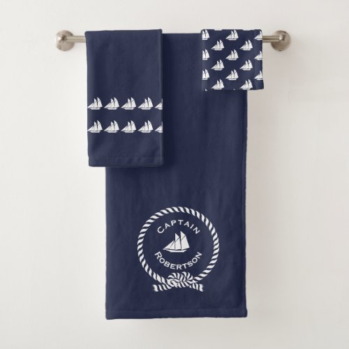 Nautical bath custom name Captain Sailboat Bath Towel Set
