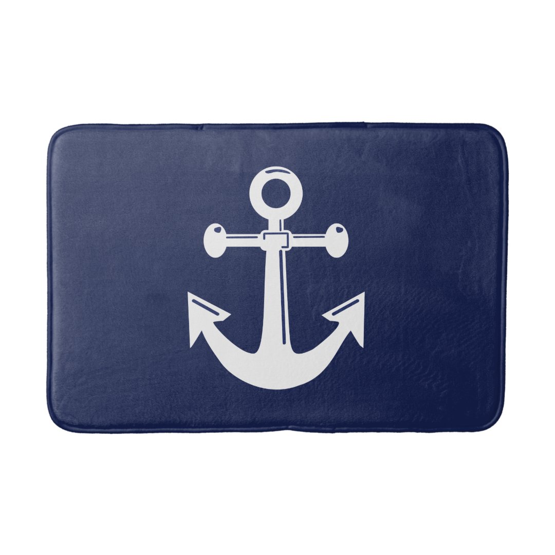 Nautical Bath Mat Navy Blue And White Anchor | Zazzle