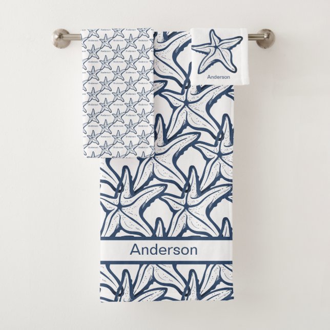  Nautical Bathroom Navy Blue Starfish pattern Bath Towel Set (Insitu)