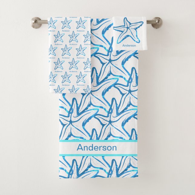  Nautical Bathroom Ocean Blue Starfish pattern Bath Towel Set (Insitu)