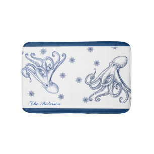 Nautical Bathroom Ocean Navy Blue Octopus Bath Mat