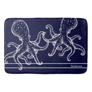 Nautical Bathroom Ocean Navy Blue Octopus Bath Mat