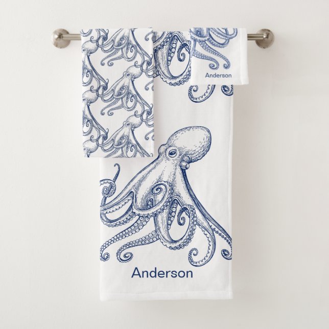  Nautical Bathroom Ocean Navy Blue Octopus Bath To Towel Set (Insitu)