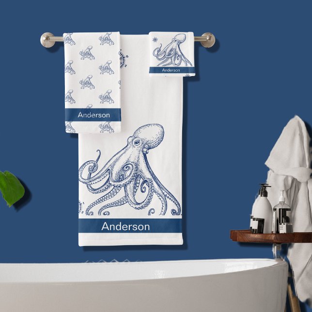  Nautical Bathroom Ocean Navy Blue Octopus Bath Towel Set (Creator Uploaded)