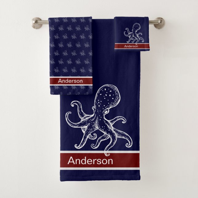  Nautical Bathroom Ocean Navy Blue Octopus  Bath Towel Set (Insitu)