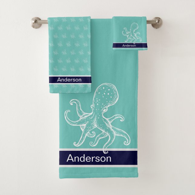 Nautical Bathroom Ocean Navy Blue Teal Octopus  Bath Towel Set (Insitu)