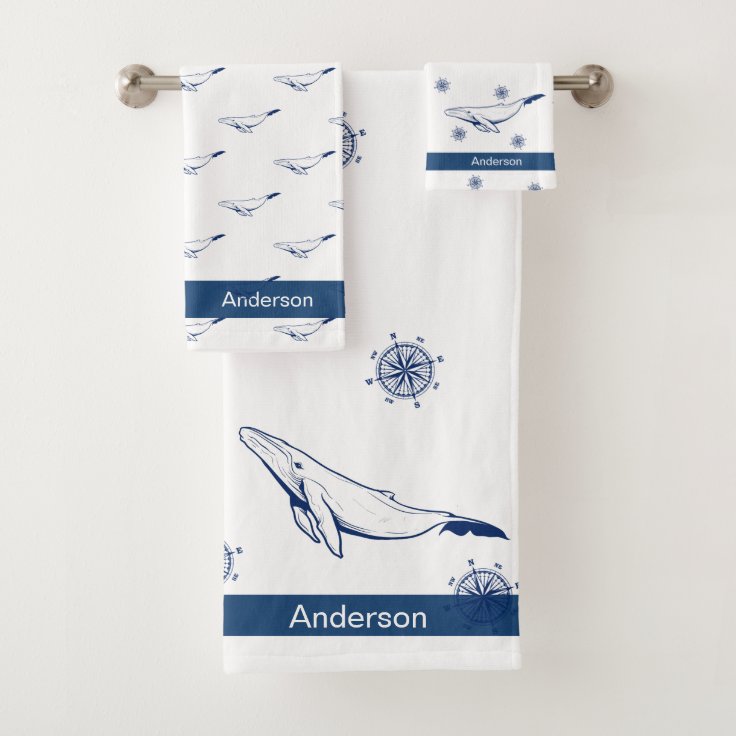 Nautical Bathroom Ocean Navy Blue Whale Bath Towel Set Zazzle