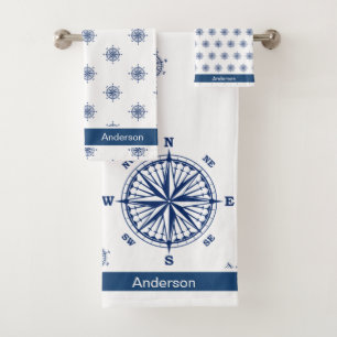  Nautical Bathroom White Navy Blue Compass  Bath T Towel Set