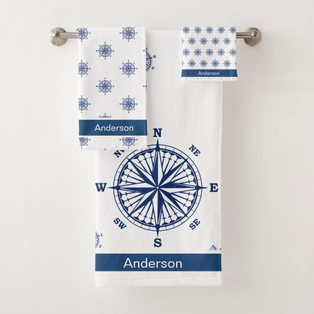  Nautical Bathroom White Navy Blue Compass  Bath T Towel Set (Insitu)