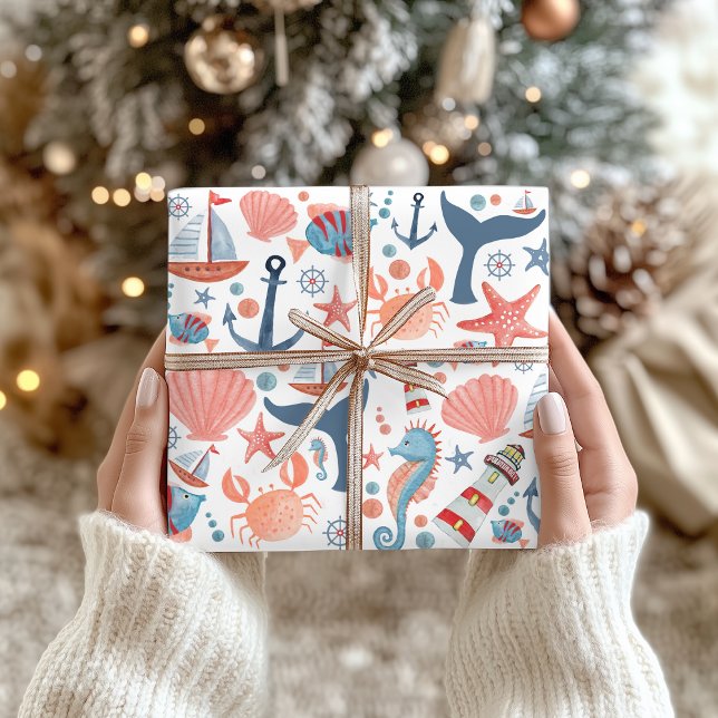 Nautical Beach Anchor Sea Shells Sailboat Pattern  Wrapping Paper Sheets (Creator Uploaded)