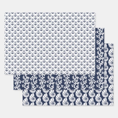 Nautical Beach Anchors Coral Shell Navy Blue White Wrapping Paper Sheets