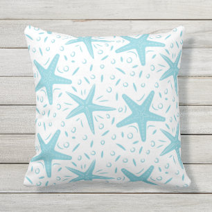 Nautical Beach Aqua Blue Starfish Pattern Outdoor Pillow