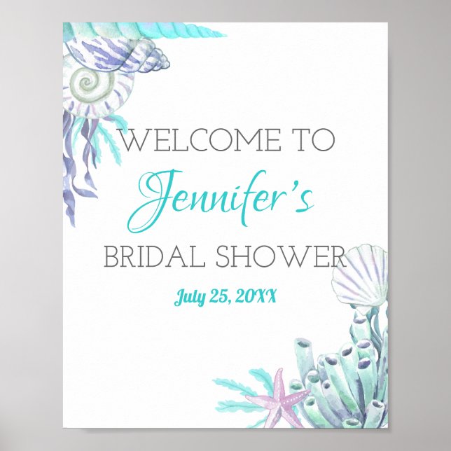 Nautical Beach Aqua Shell Bridal Shower Welcome Poster (Front)