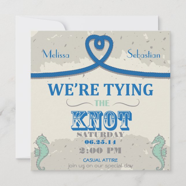Nautical Beach Blue Heart Knot  Wedding Invite (Front)