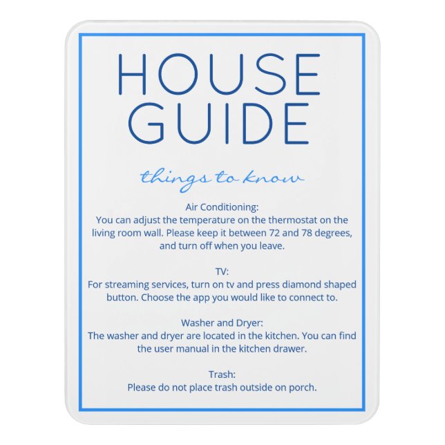 Nautical Beach Blue House Guide Guest Sign (Contemporary Vert)