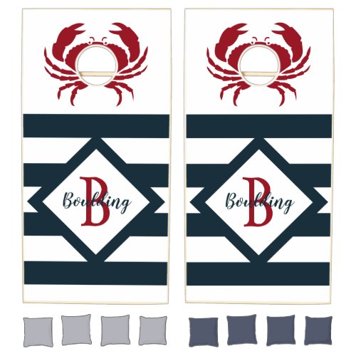 Nautical Beach Blue Red Crab Family Name Monogram Cornhole Set