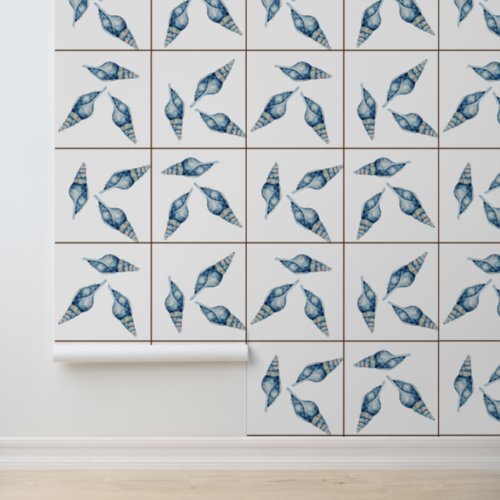 Nautical Beach Blue Seashell Shell White Faux Tile Wallpaper