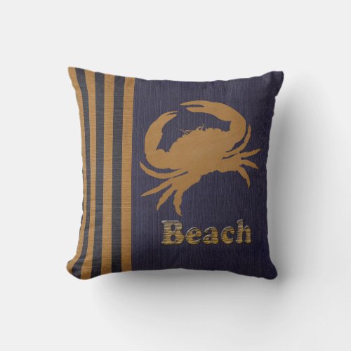 Nautical Beach Blue  Tan Stripes with a Crab Throw Pillow