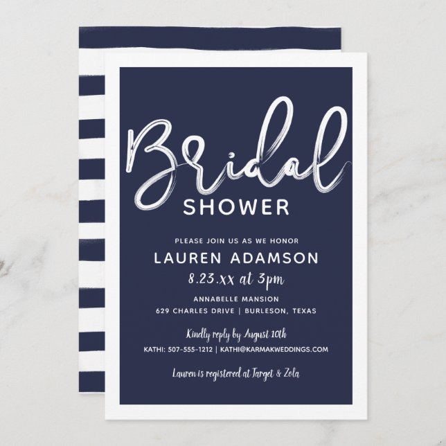 Nautical Beach Bridal Bash Shower Navy Blue Stripe Invitation (Front/Back)