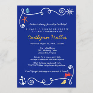 Nautical Beach (choose color) Birthday BBQ Invitation
