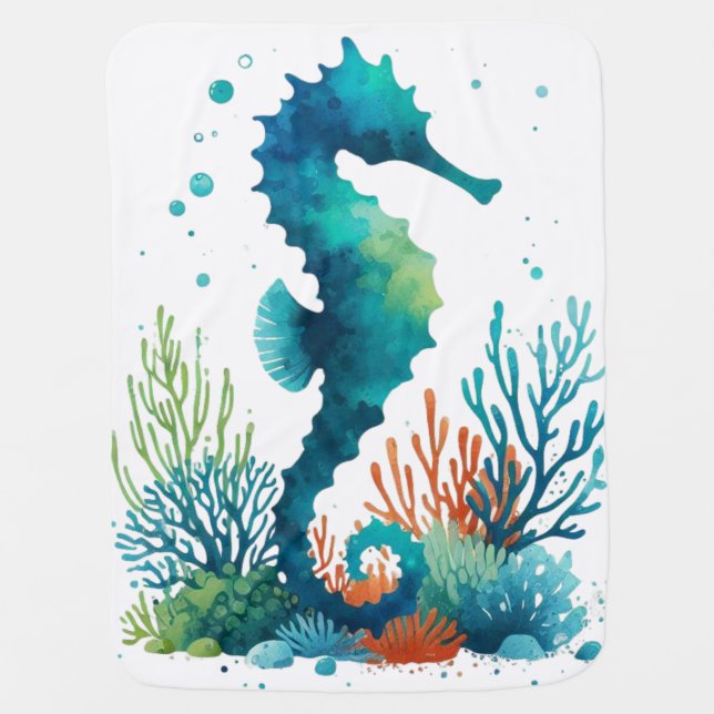nautical/beach/coastal seahorse art baby blanket (Front)