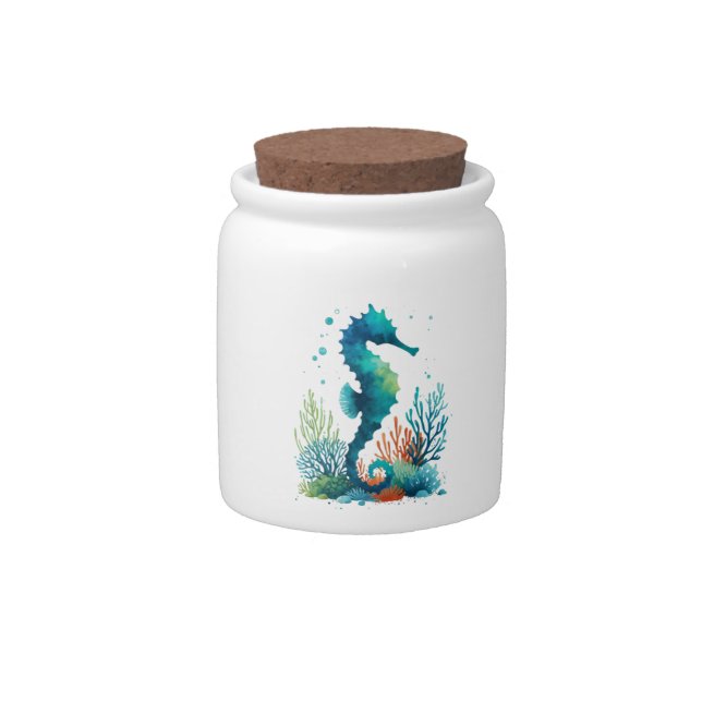 nautical/beach/coastal seahorse art candy jar (Front)