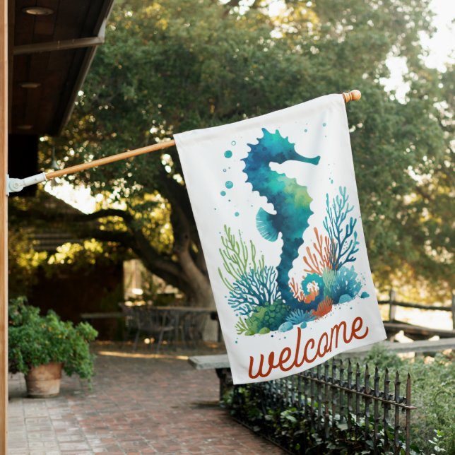nautical/beach/coastal seahorse art house flag (In SItu)