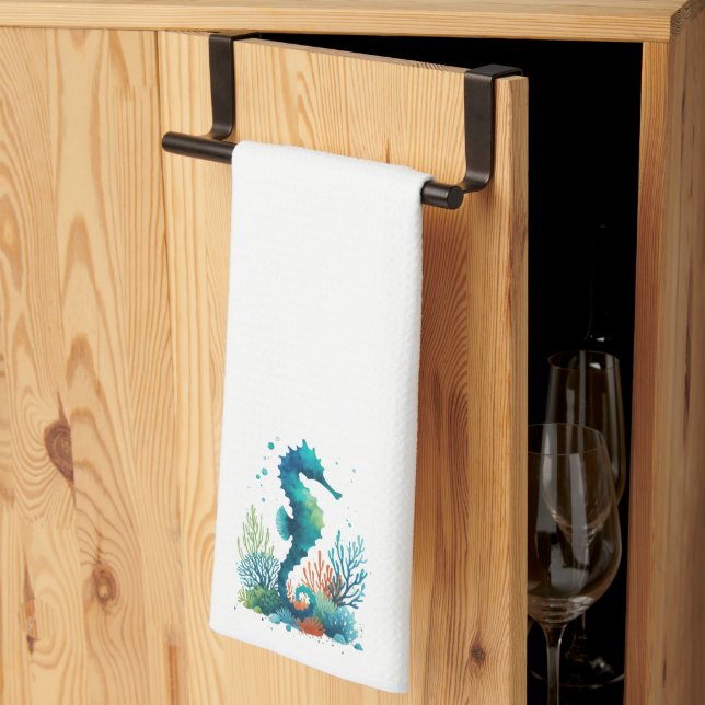 nautical/beach/coastal seahorse art kitchen towel (Thirds Fold)