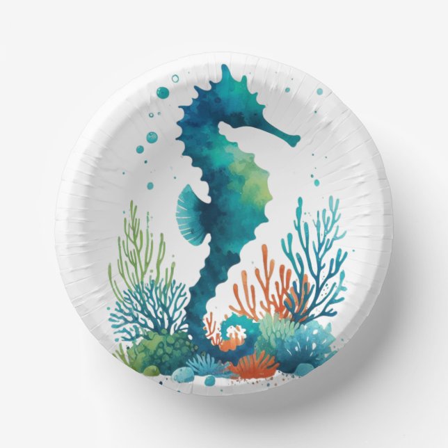 nautical/beach/coastal seahorse art paper bowls (Front)