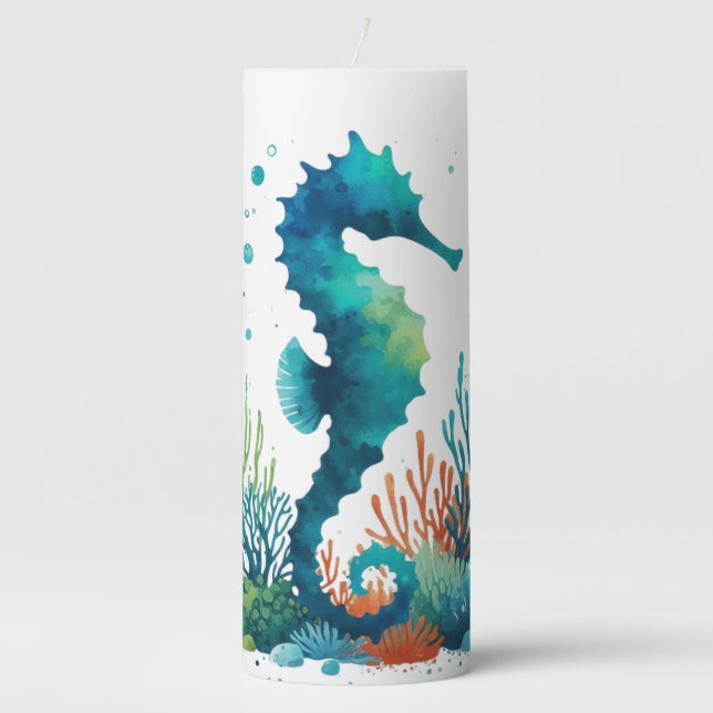 nautical/beach/coastal seahorse art pillar candle (Front)
