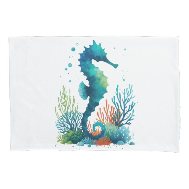 nautical/beach/coastal seahorse art pillow case (Front)