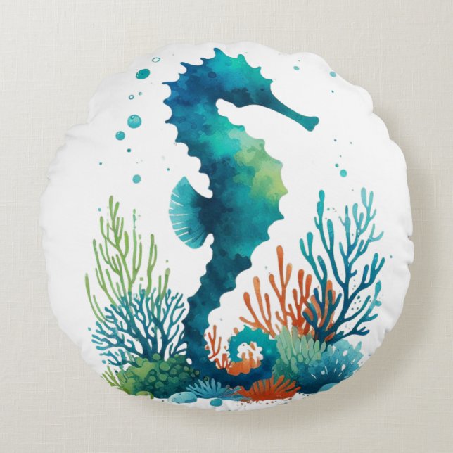 nautical/beach/coastal seahorse art round pillow (Front)