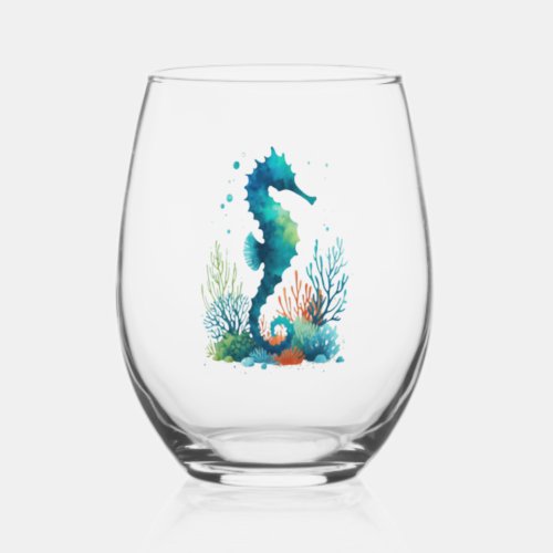 nauticalbeachcoastal seahorse art stemless wine glass