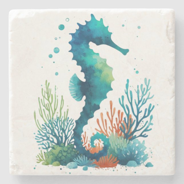 nautical/beach/coastal seahorse art stone coaster (Front)