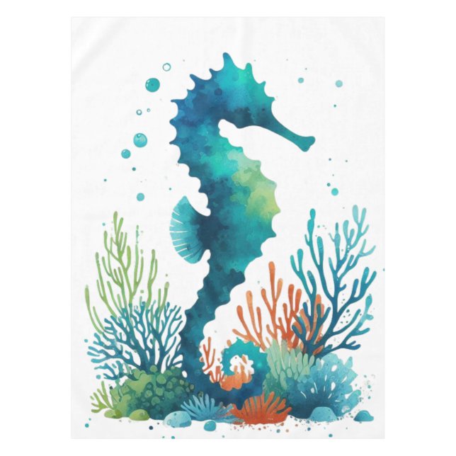 nautical/beach/coastal seahorse art tablecloth (Front)
