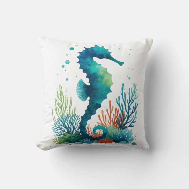 nautical/beach/coastal seahorse art throw pillow (Front)