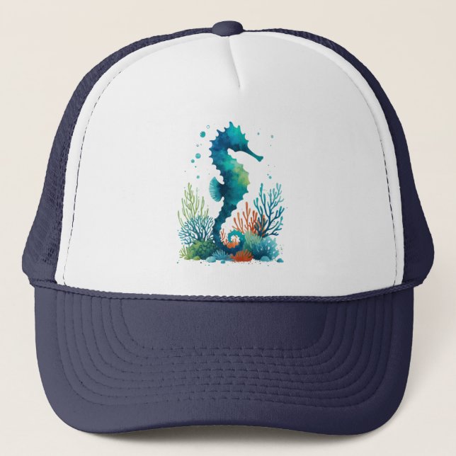 nautical/beach/coastal seahorse art trucker hat (Front)