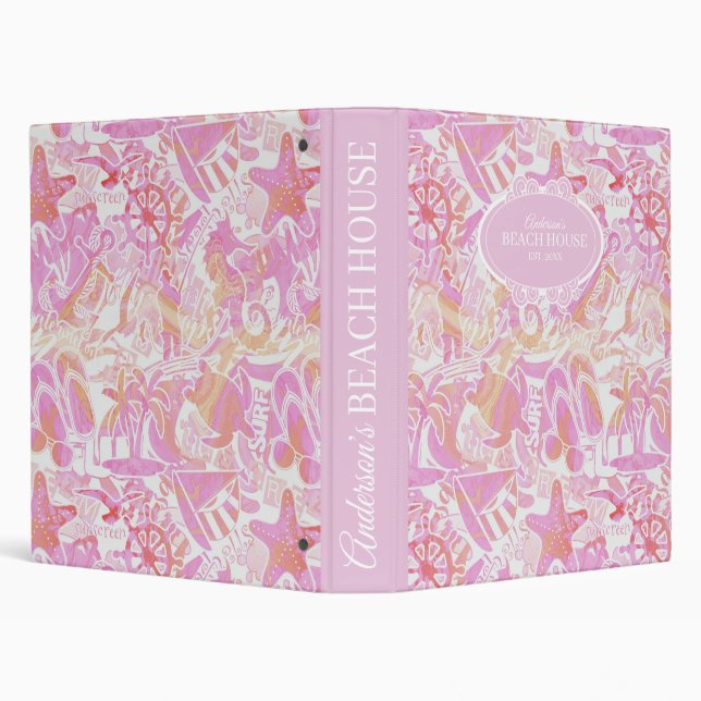 Nautical Beach Collage Hot Pink ID840 3 Ring Binder (Background)