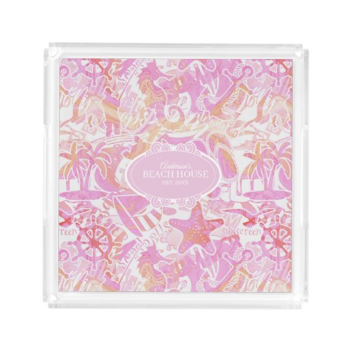 Nautical Beach Collage Hot Pink ID840 Acrylic Tray